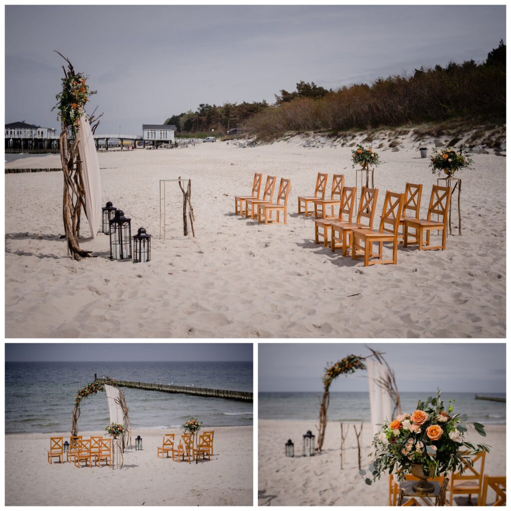 ślub na plaży, Ustronie Morskie, Barbara Rompska, fotograf Koszalin, dekoracje, kwiaty, ślub cywilny  plenerowy, krzesła, Morze Bałtyckie