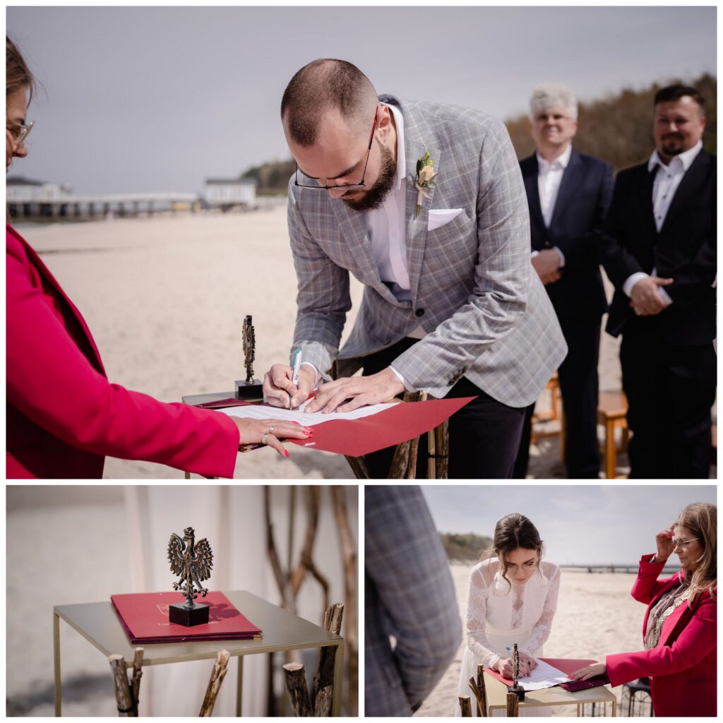 ślub na plaży, Ustronie Morskie, Barbara Rompska, fotograf Koszalin, ślub cywilny  plenerowy, podpisanie dokumentów, akt ślubu, pan młody