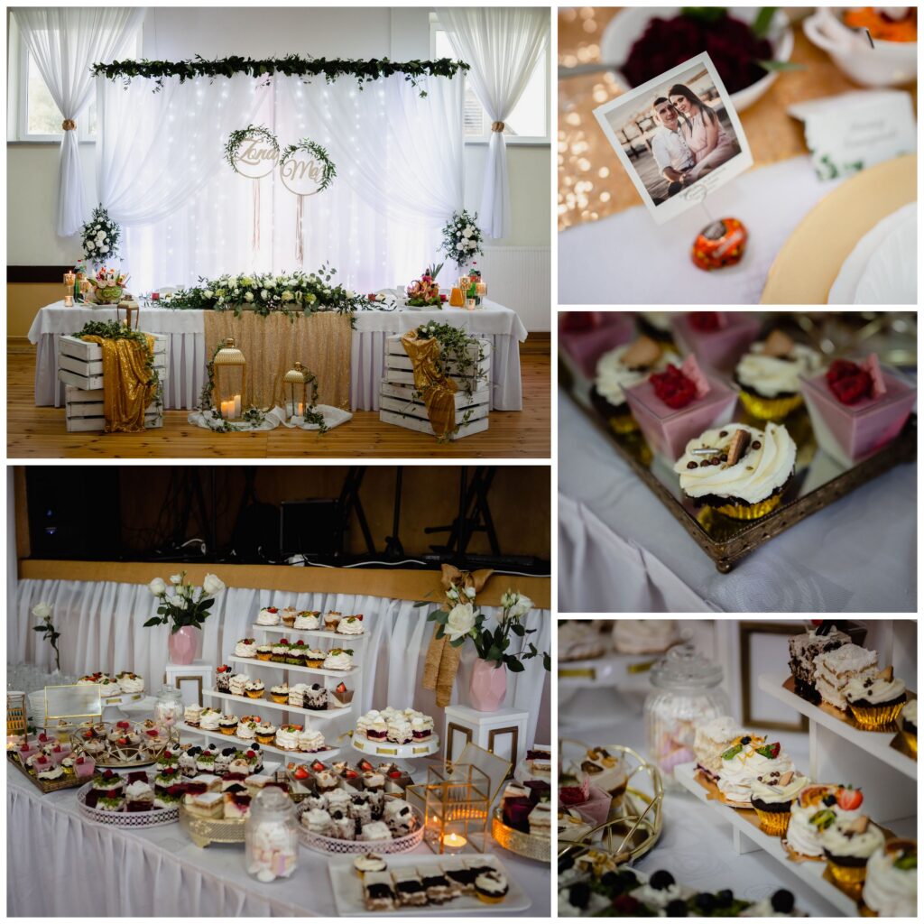 fotograf na wesele, sala wiejska, fotograf Koszalin, Barbara Rompska,  dekoracja sali, słodki stół, deserki