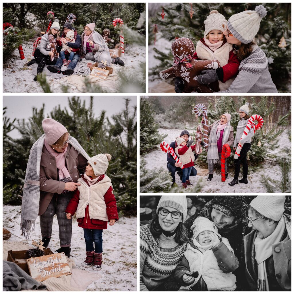 sesja świąteczna plenerowa Koszalin, Barbara Rompska, Boże Narodzenie, zimowa sceneria, rodzinne zdjęcia, dekoracje